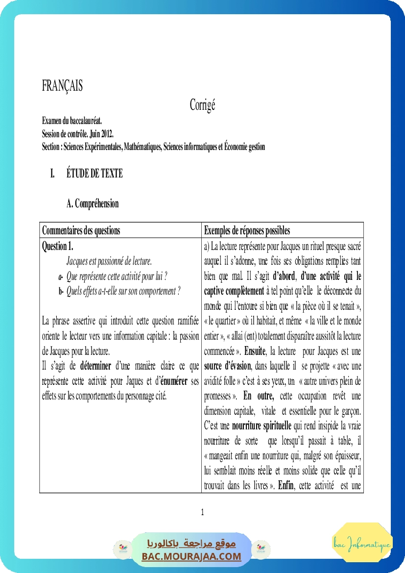 Corrigé controle francais Bac 2012 – Section info